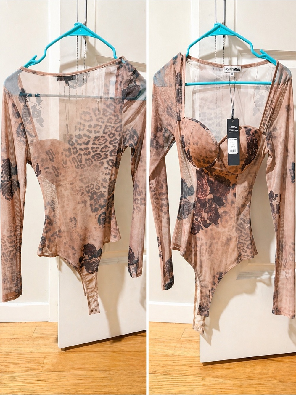 Fashion Nova Brown Floral & Leopard Mesh Long-Sleeve Bodysuit